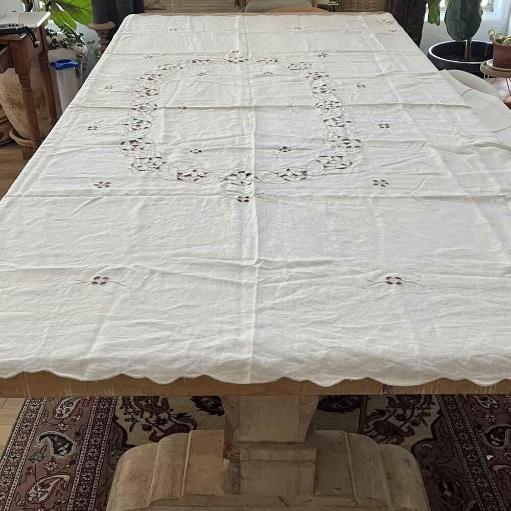 Vintage Beige Linen Tablecloth Intricate Madeira-style Cutwork & Embroidery